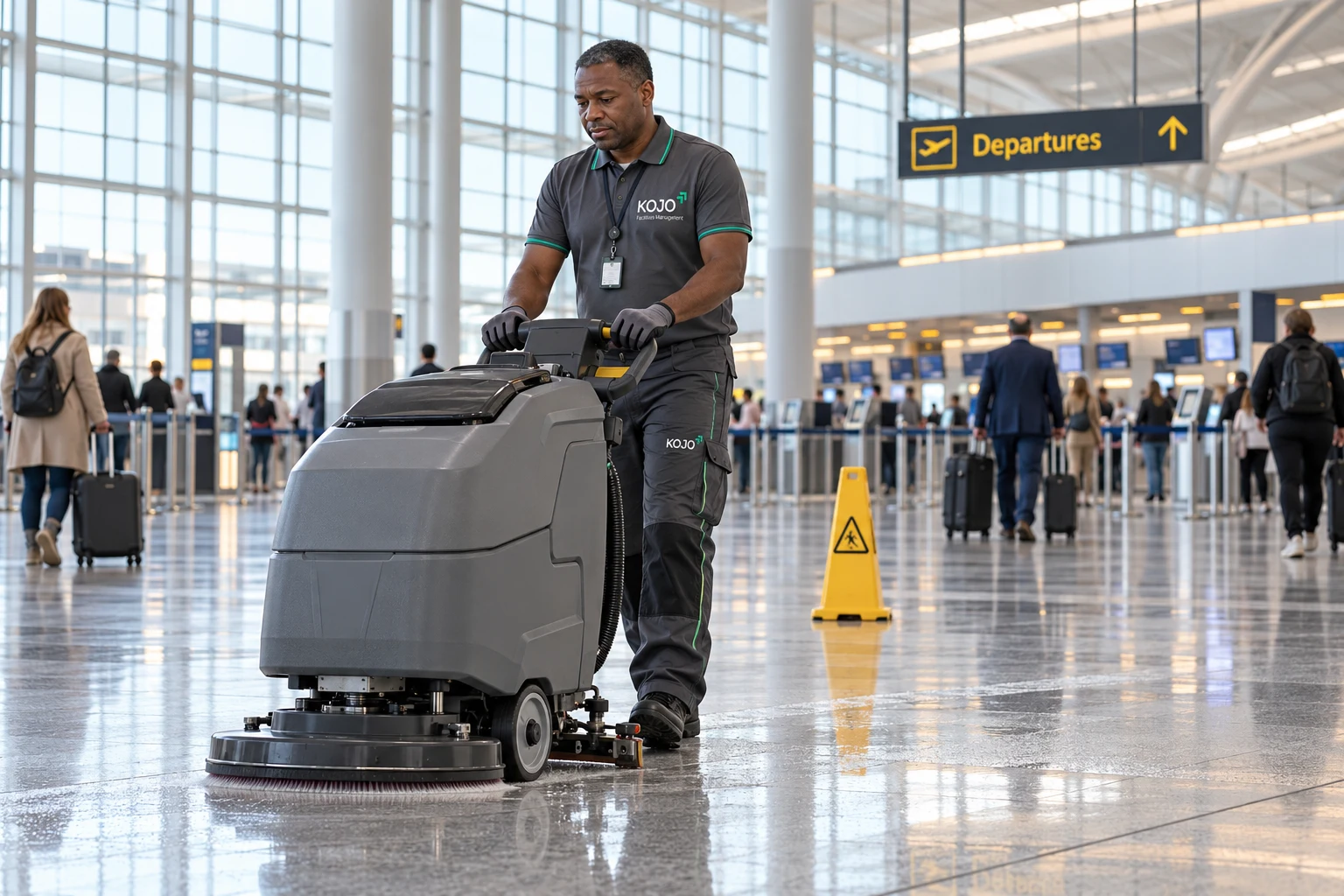 KOJO FM floor cleaning in an airport departures terminal
