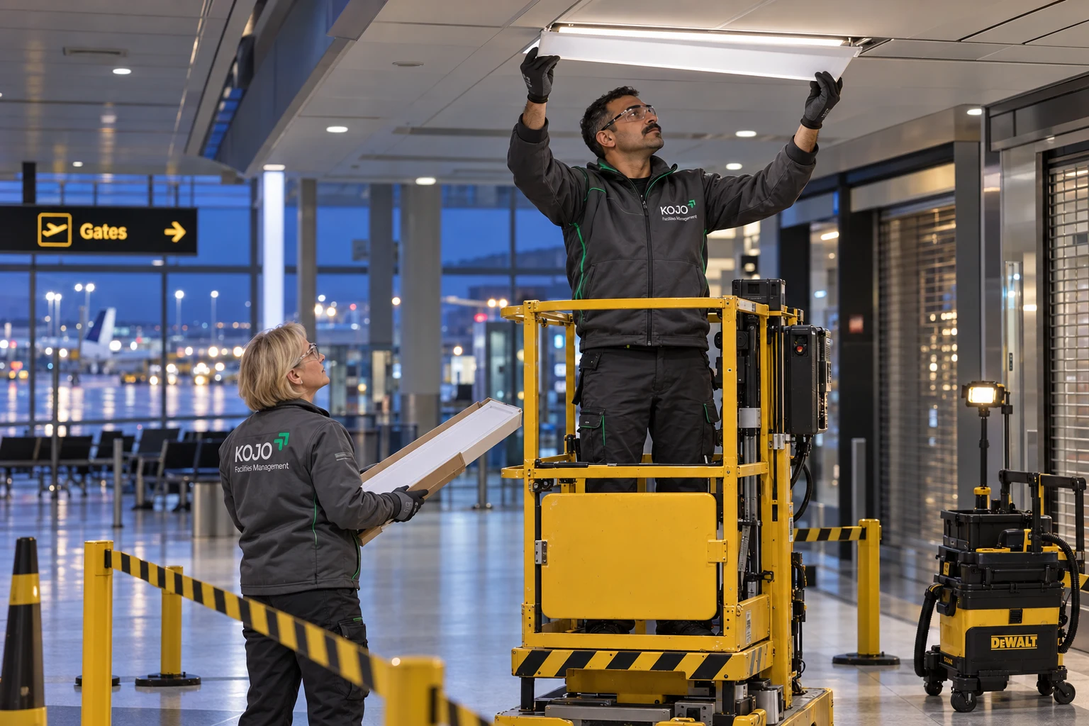 KOJO FM team working on ceiling panels in a segregated terminal area