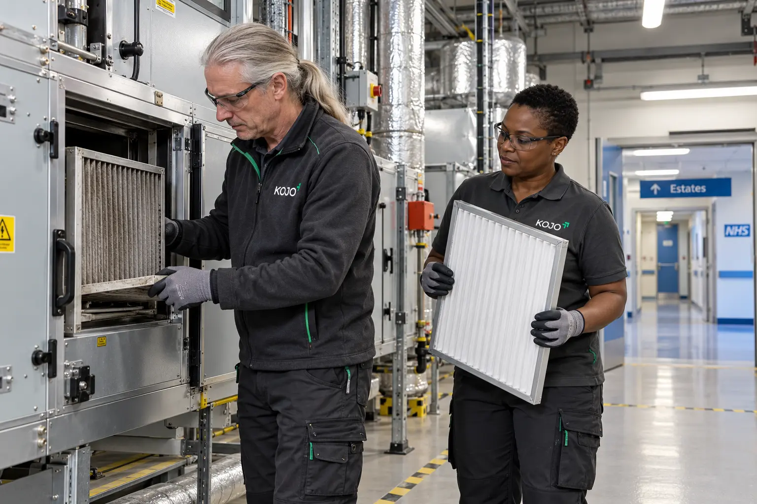 KOJO FM operative changing air-handling unit filters in a plant room