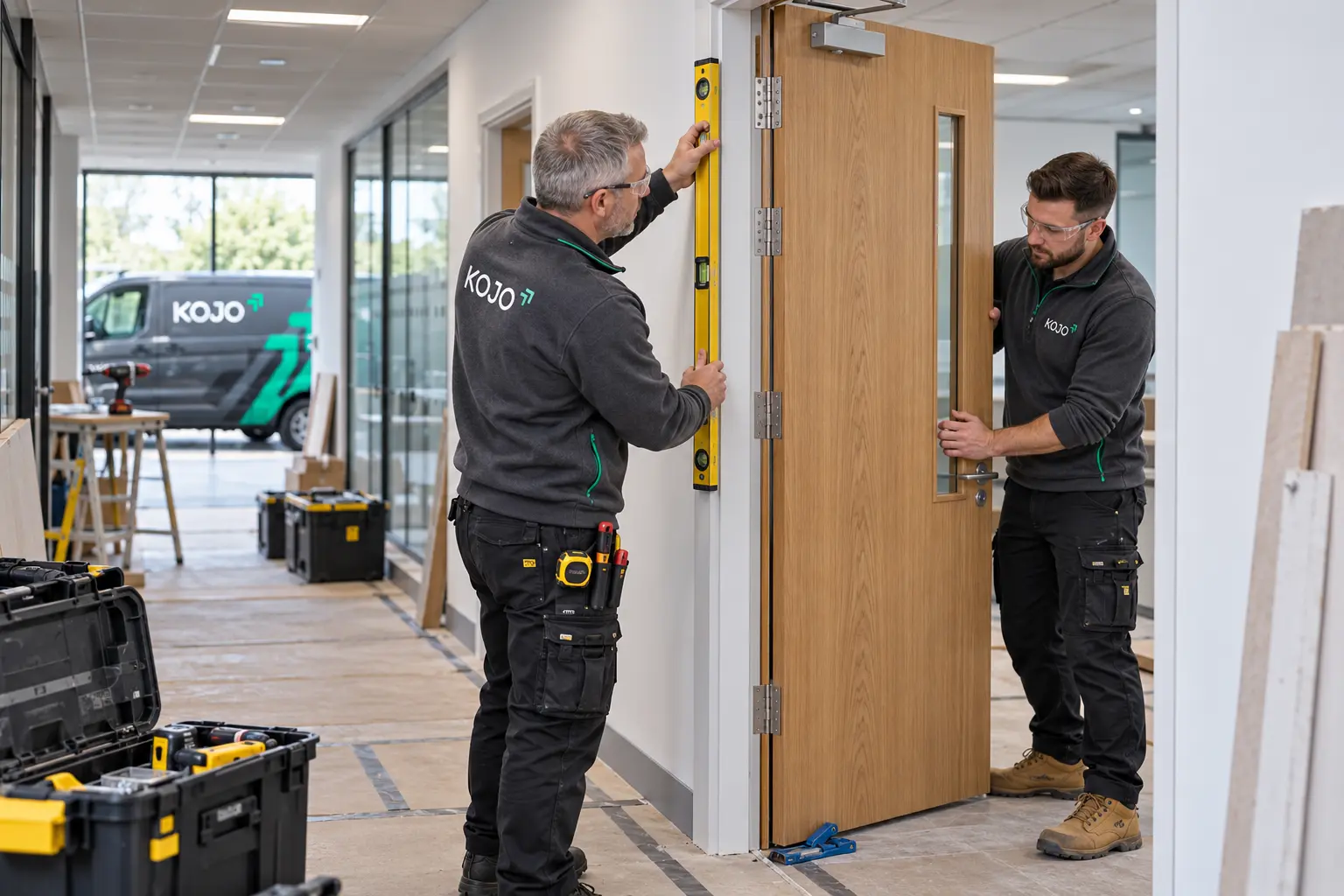 KOJO FM joiners levelling and aligning a fire door during an office fit-out