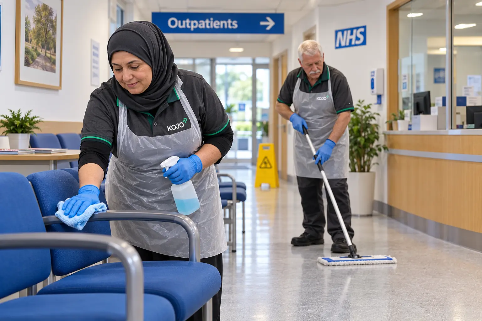KOJO FM team cleaning a hospital outpatients waiting area