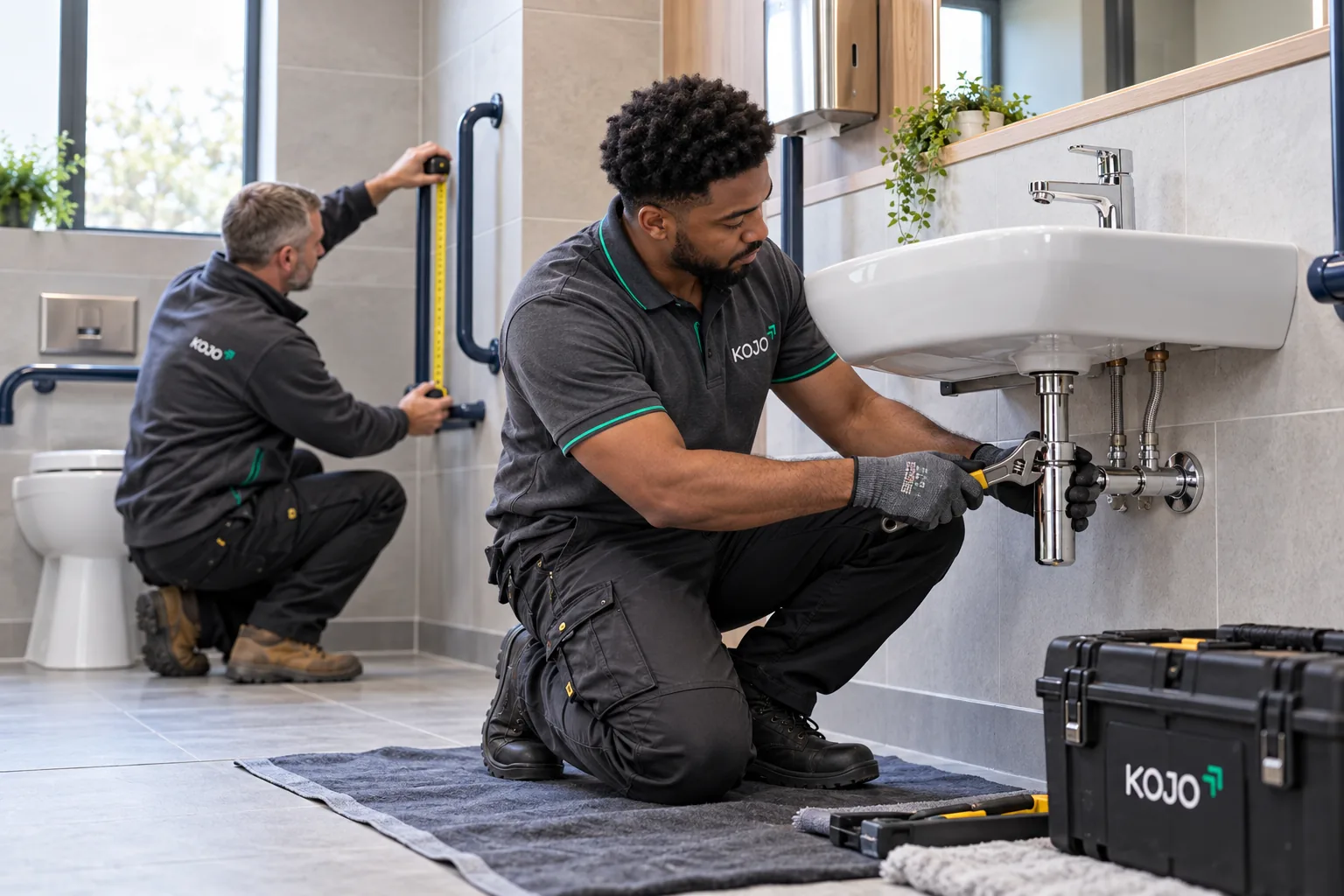 KOJO FM technicians fitting a wall-hung basin and a grab rail in an accessible washroom
