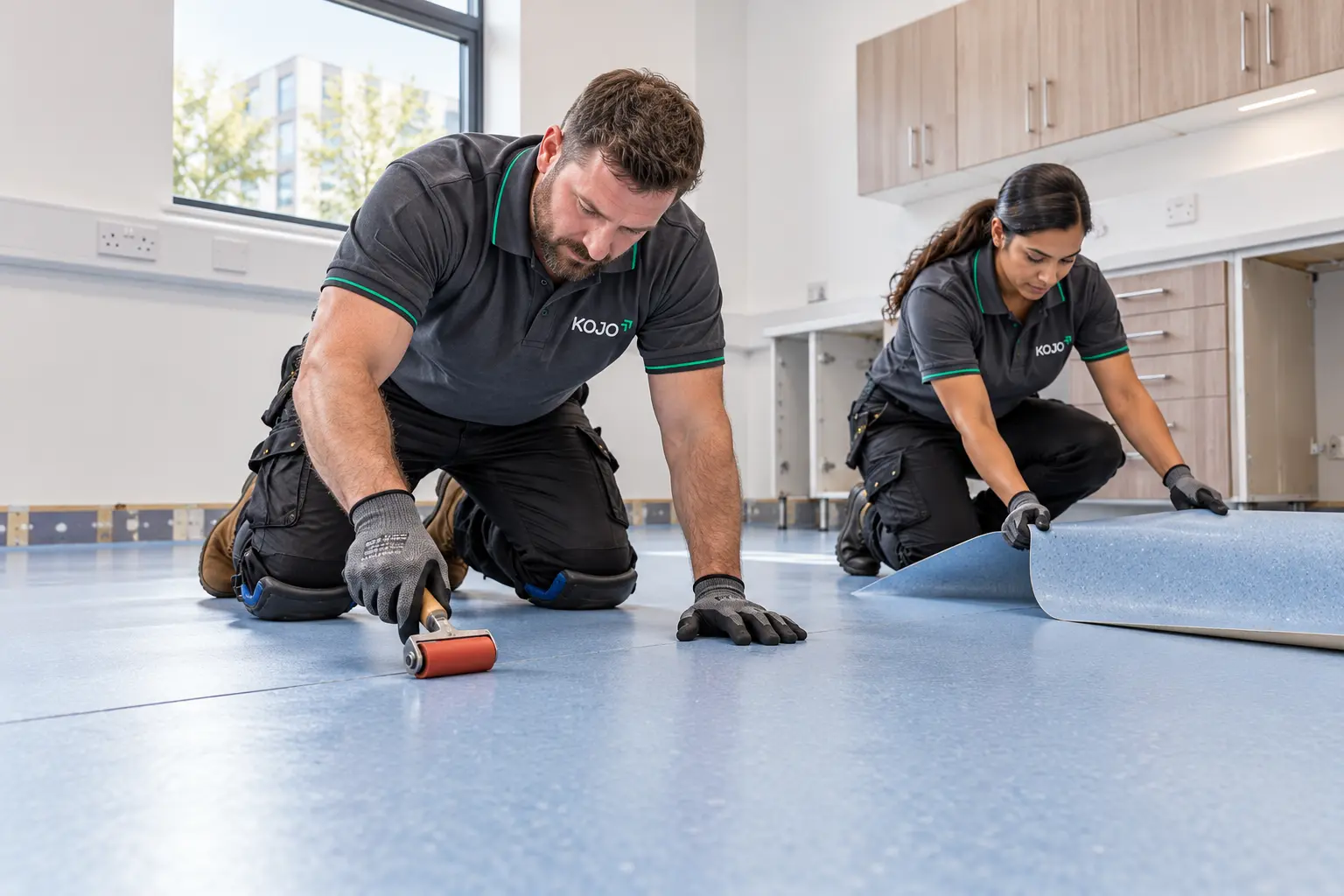 KOJO FM operatives installing vinyl flooring in a hospital room