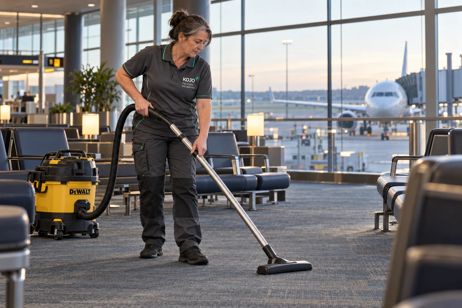 KOJO FM operative vacuuming an airport departure lounge