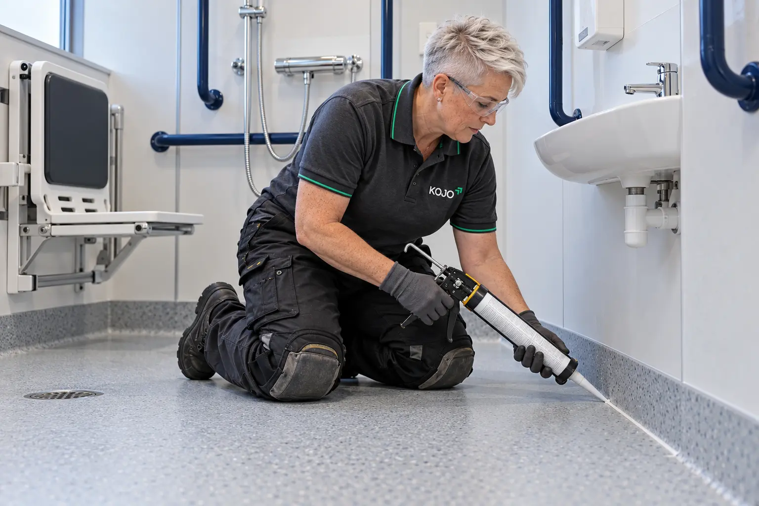 KOJO FM installer sealing the floor coving of an accessible wet room