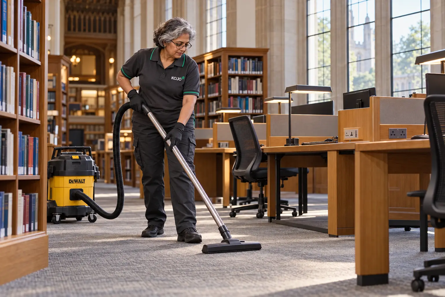 KOJO FM cleaner vacuuming a university library between desks and shelves