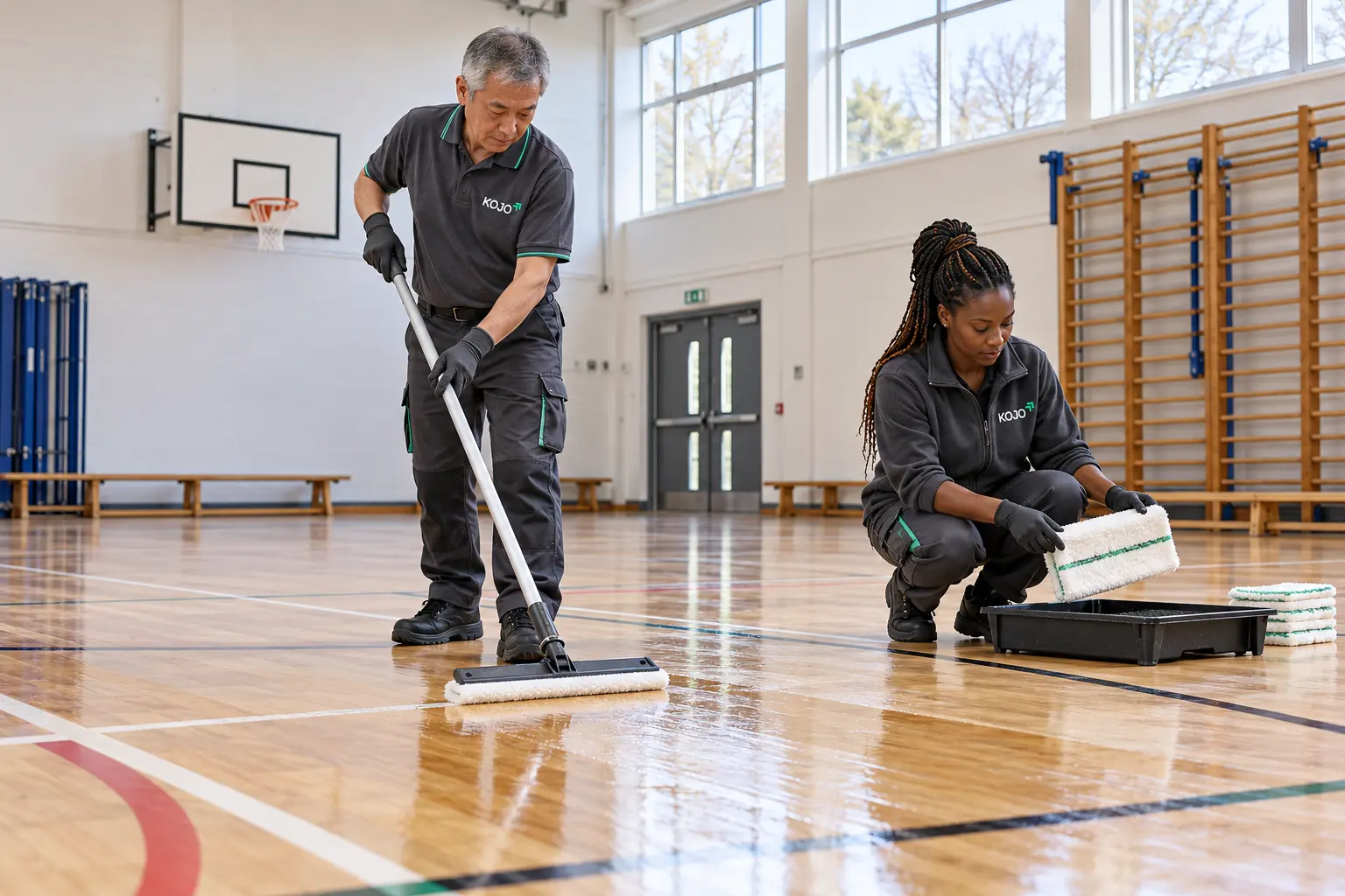 KOJO FM team maintaining a polished wooden school sports hall floor