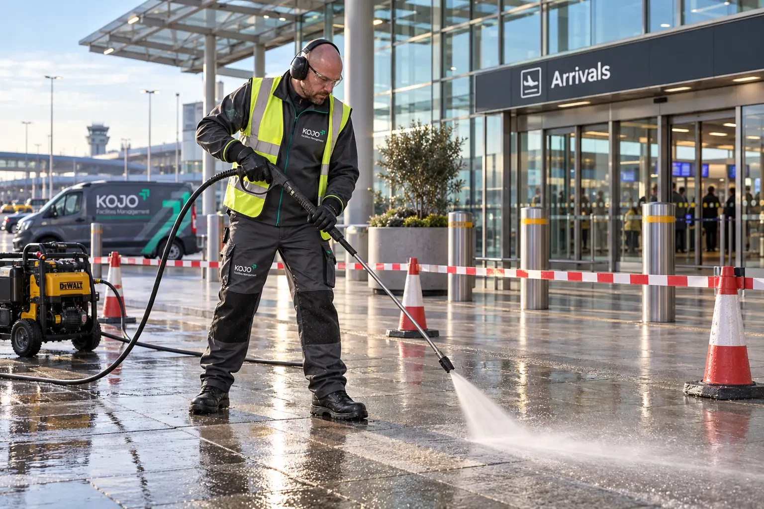 KOJO FM pressure-washing team working on an airport arrivals forecourt