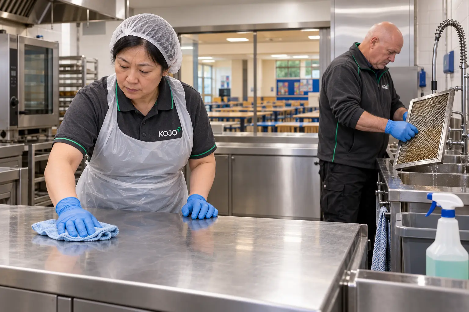 KOJO FM team deep cleaning a school kitchen, wiping steel worktops and washing extraction filters