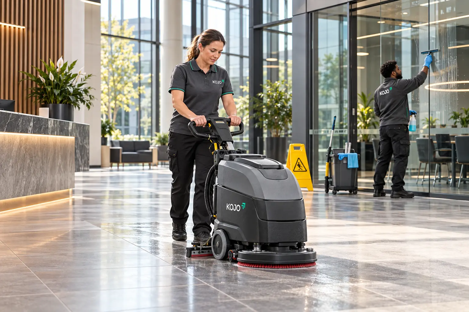 KOJO FM operative machine-scrubbing a lobby floor