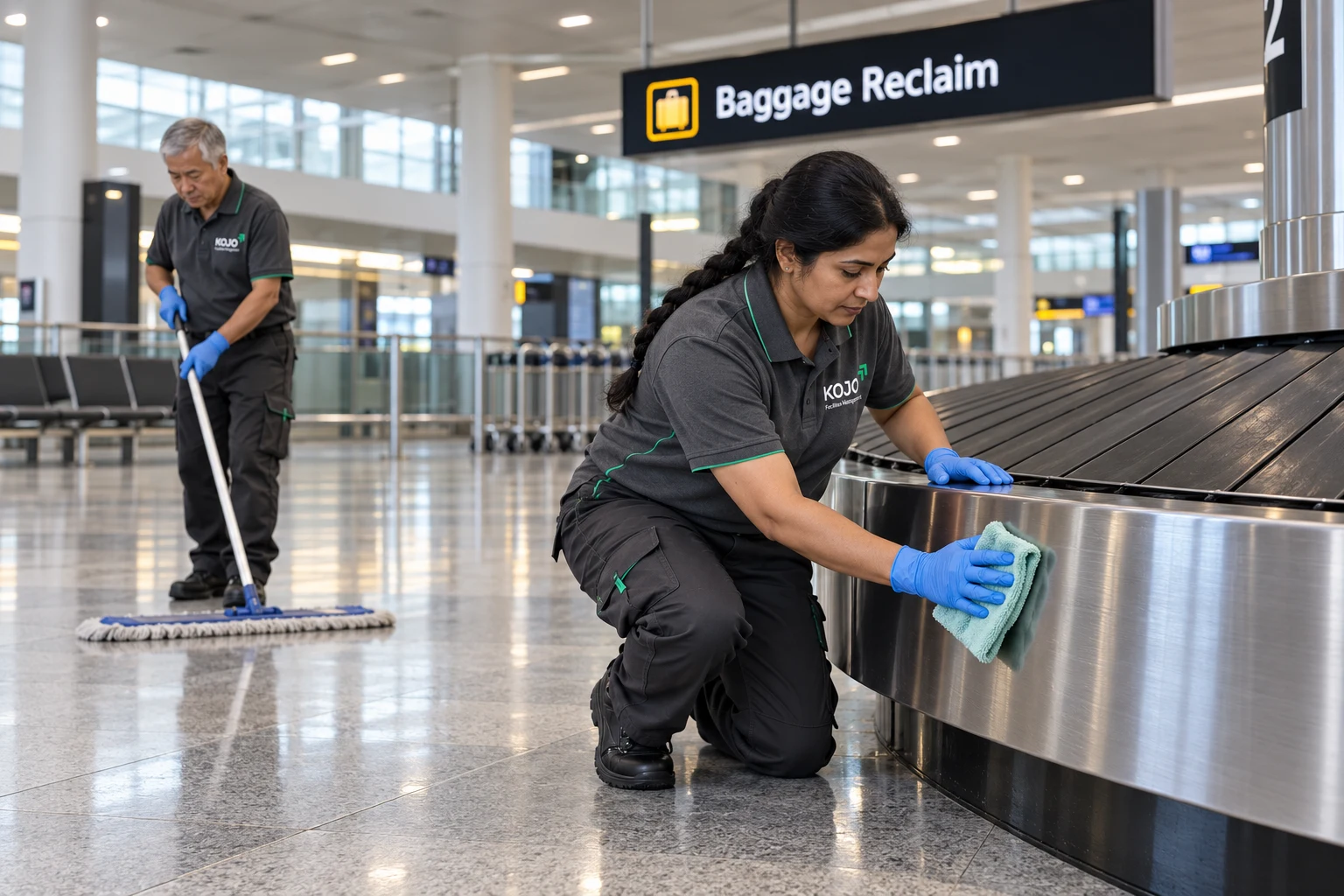 KOJO FM team cleaning surfaces and flooring at airport baggage reclaim