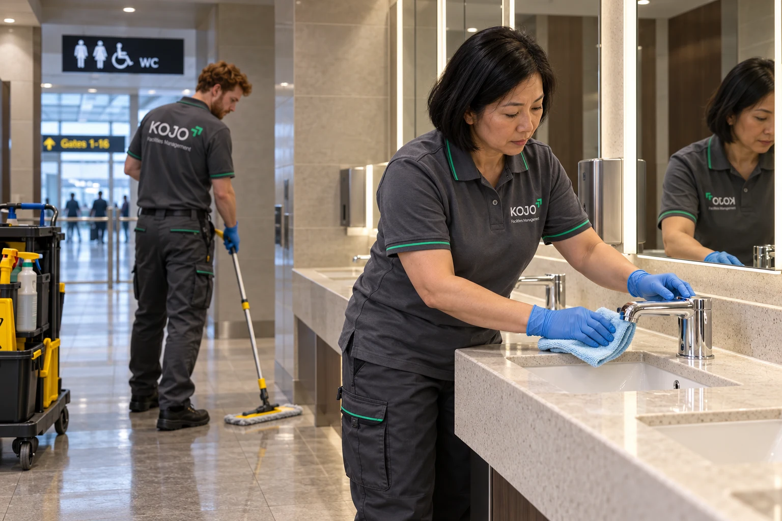 KOJO FM team cleaning airport washroom basins and floors