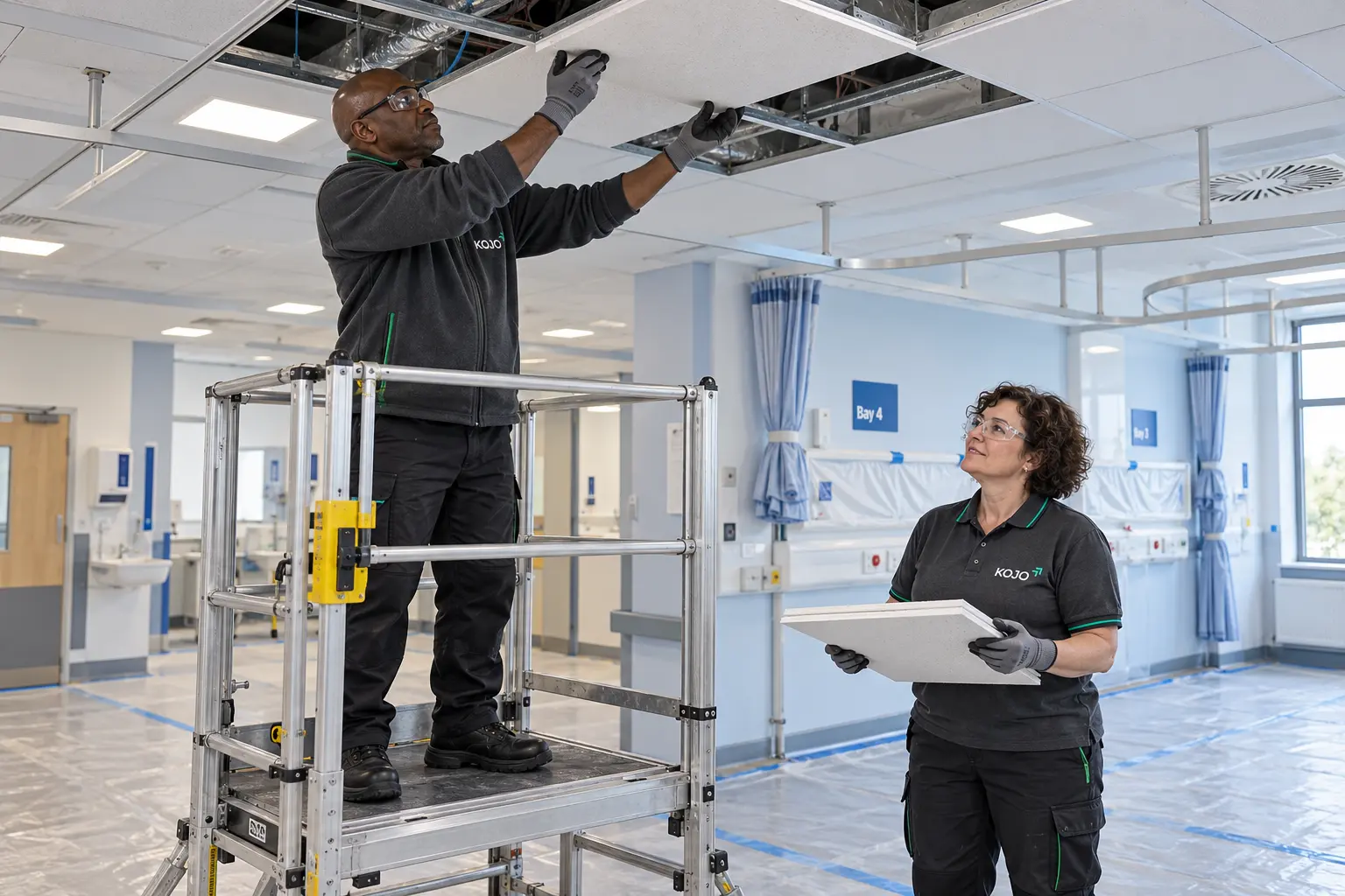 KOJO FM operative installing ceiling tiles during a healthcare refurbishment