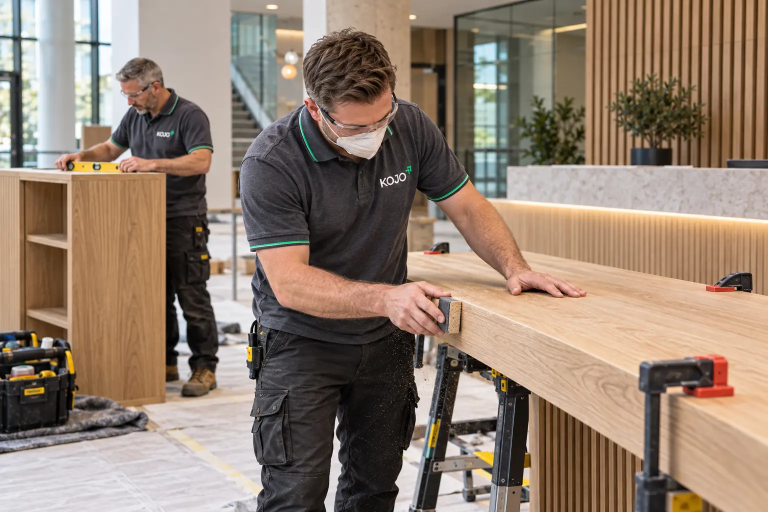 KOJO FM joiners sanding an oak reception counter during a fit-out