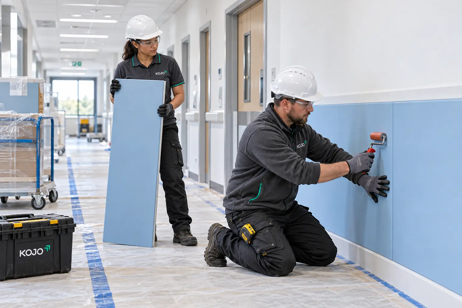 KOJO FM operatives installing hygienic wall panels in a hospital corridor