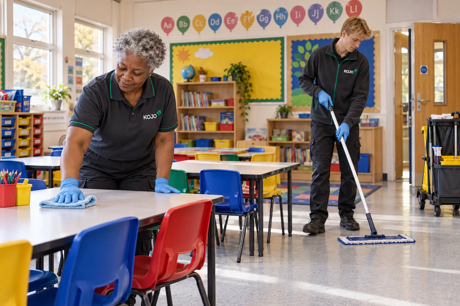 KOJO FM cleaners maintaining a classroom after school
