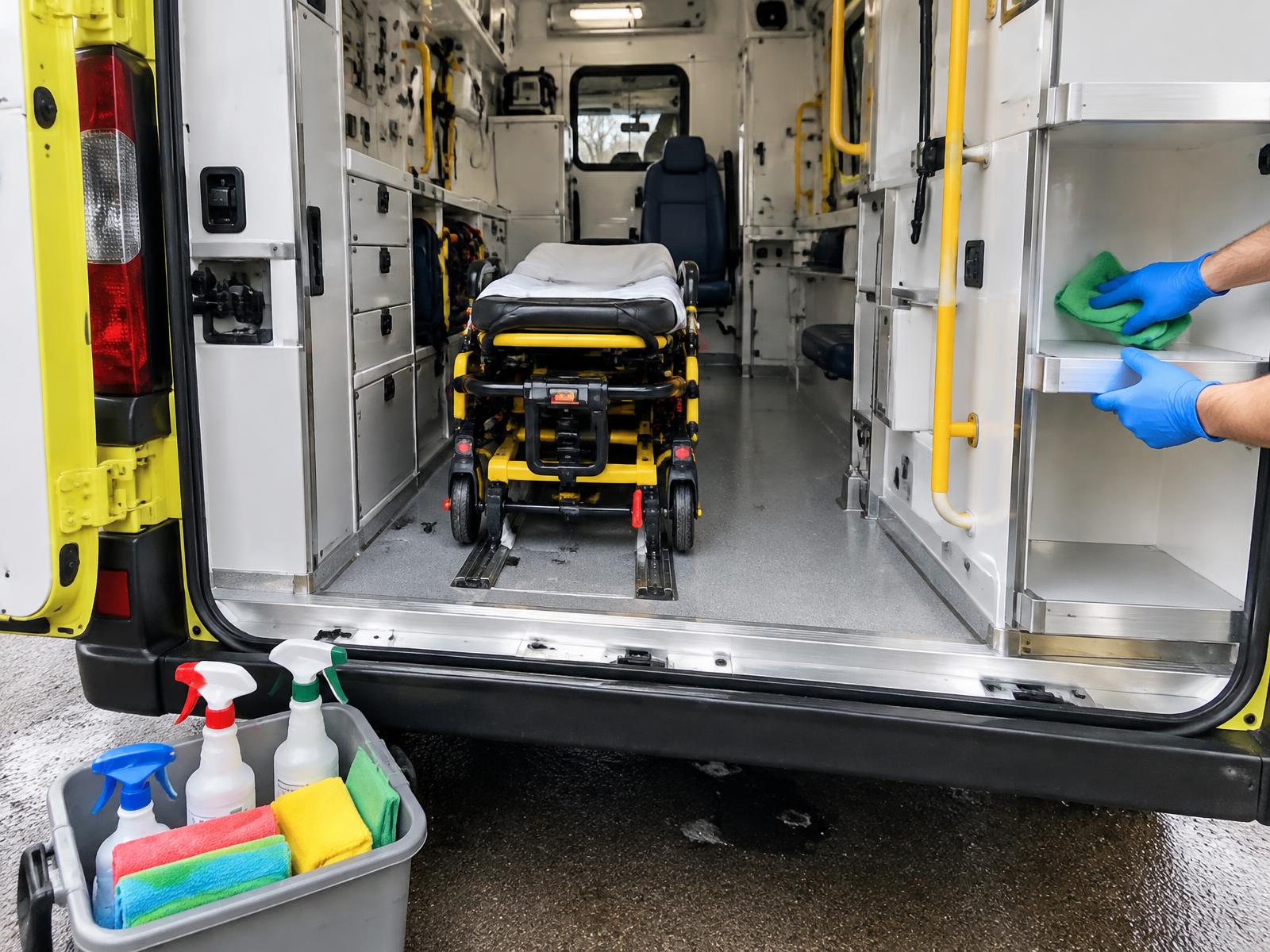 Gloved hands wiping down shelving inside an ambulance patient compartment