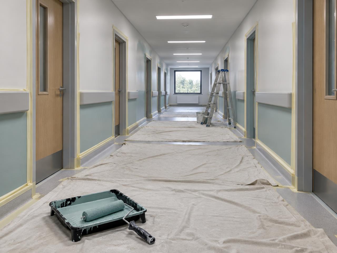 Healthcare corridor prepared for decorating with masking tape, dust sheets and a paint roller